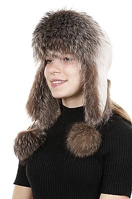 Фото товара Ушанка UWKKME001.002 енот кожа, Бежево-коричневый/Белый